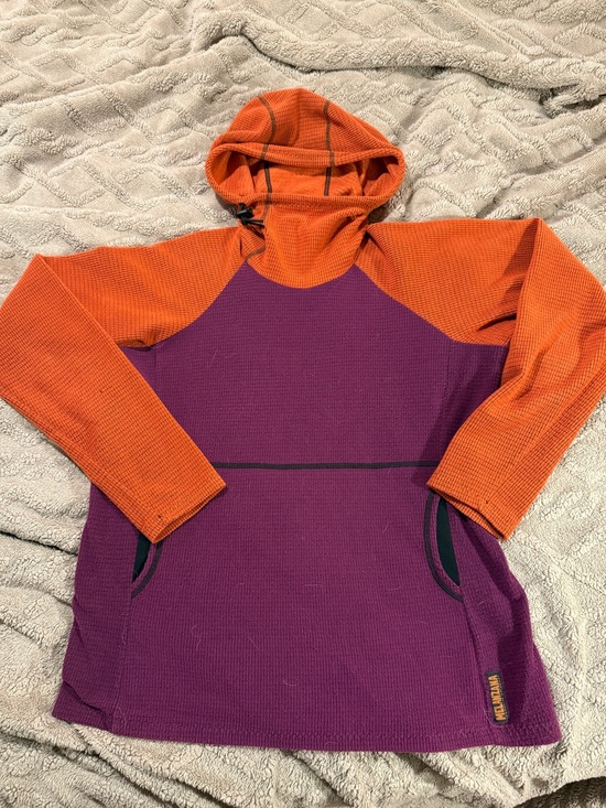 Melanzana Sweaters - Melanzana Two-Tone Hooded Waffle Knit Pullover - Purple & Orange